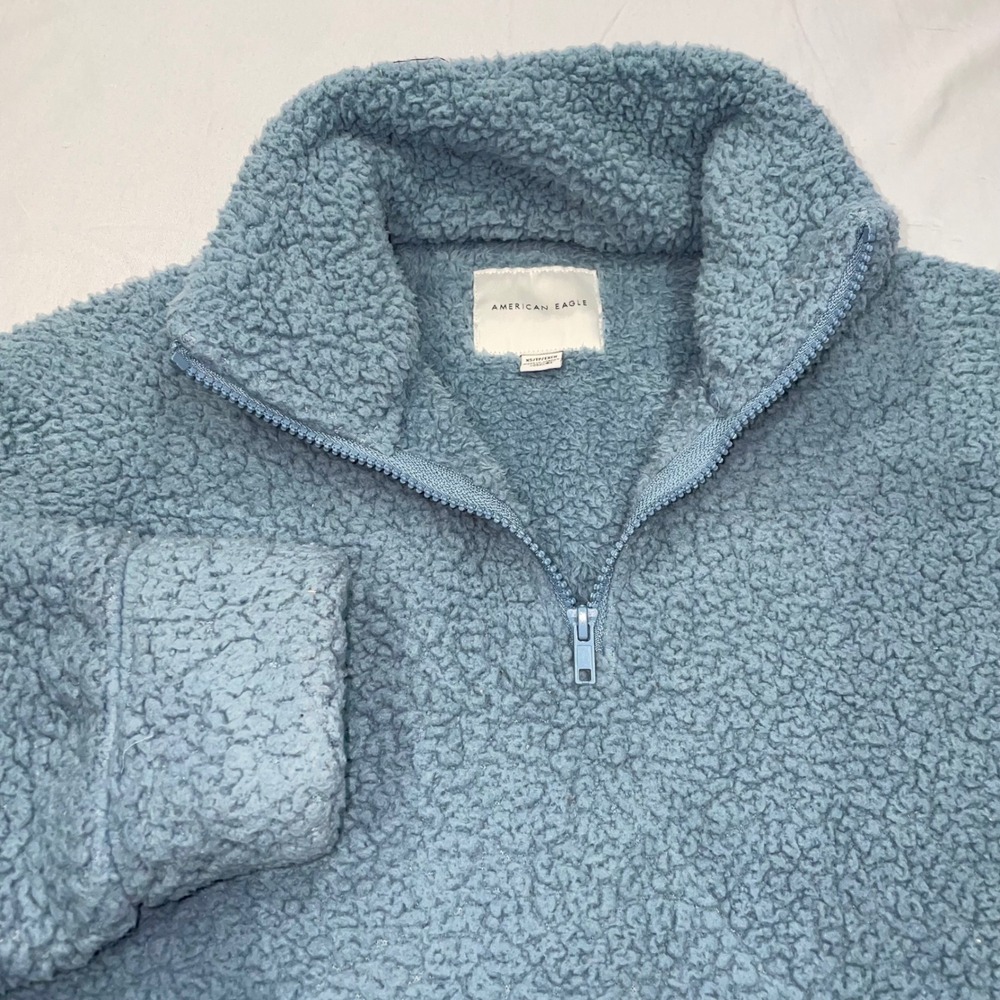 American Eagle Women Blue Sherpa Quarter Zip Fleece Pullover Sweater XS